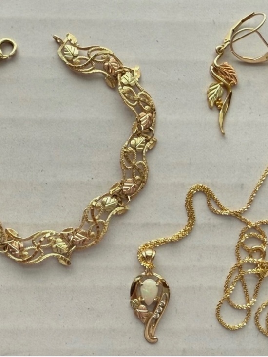 Black Hills Gold Jewelry - Black Hills Gold Natural Opal & 3 Diamond Necklace, Dangling Earrings & Bracelet